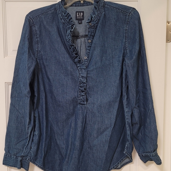GAP Tops Gap Womens Chambray Denim Button Pullover Ruffle Poshmark